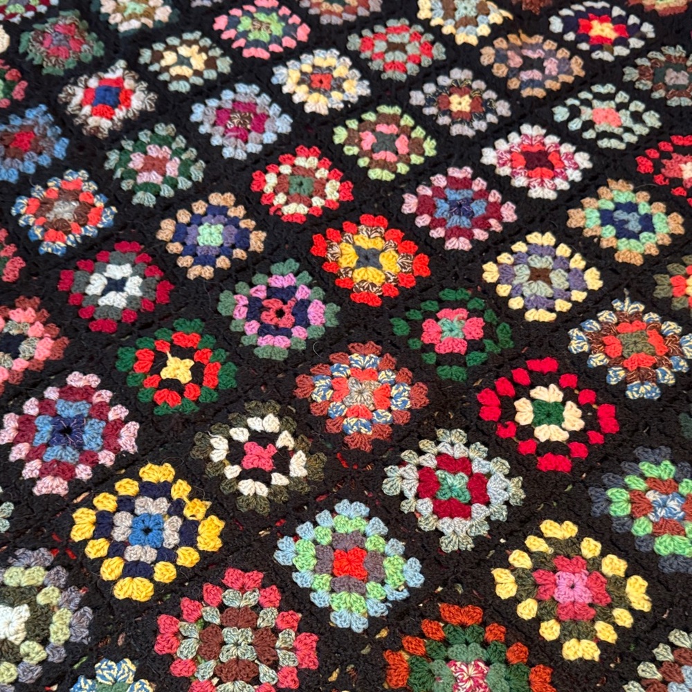 Handmade Multi-Color Crochet Granny Square Throw with Black Trim
